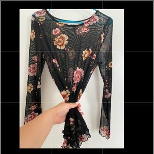 Long Sleeve See-Through Floral Top Ruffle Sleeve